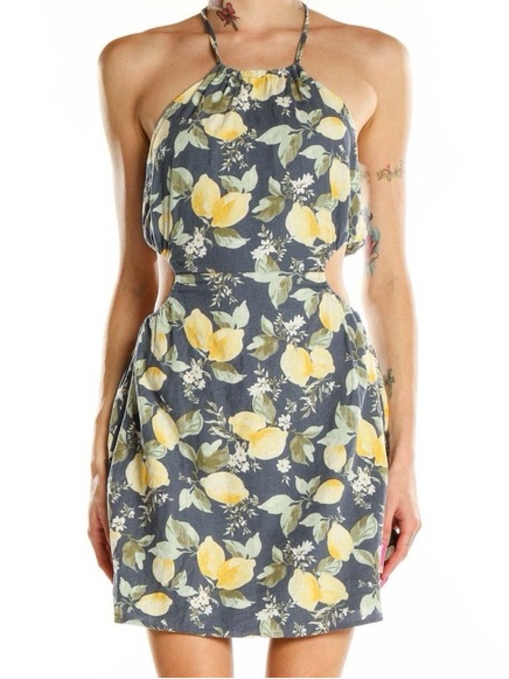 Abercrombie & Fitch Lemon Floral Halter Neck Cut Out Mini Dress Gray Yellow XLP